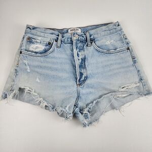 Agolde Faded Blue Frayed Jean Shorts - Size 26, Distressed, Streetwear, Grunge